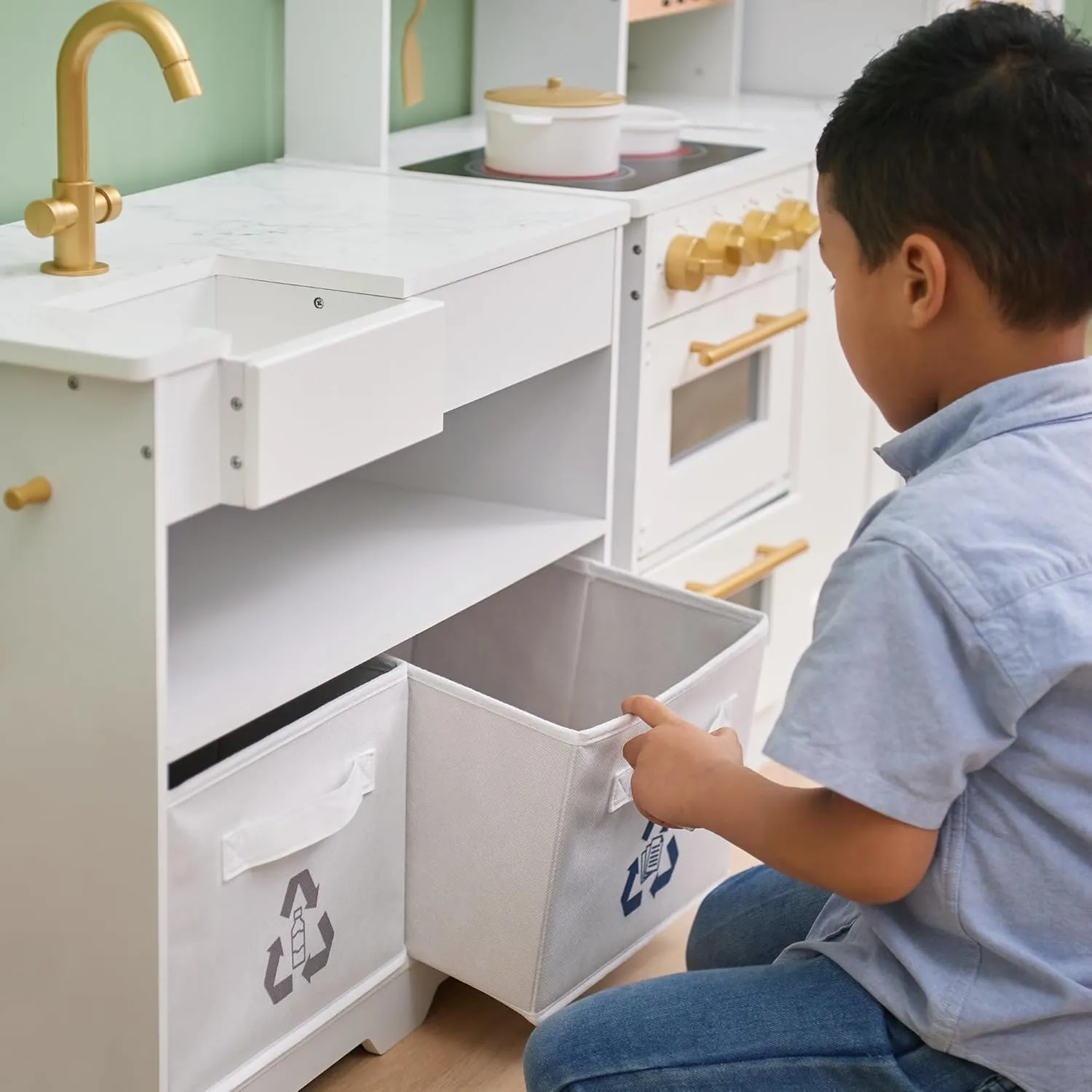 Play Kitchen with Interactive$ Realistic Features$ and 17 Kitchen Accessories$ eminence for 3yrs and up$ Blue/White/Gold Teamson Kids Little Chef Atlanta Large Modular Wooden 