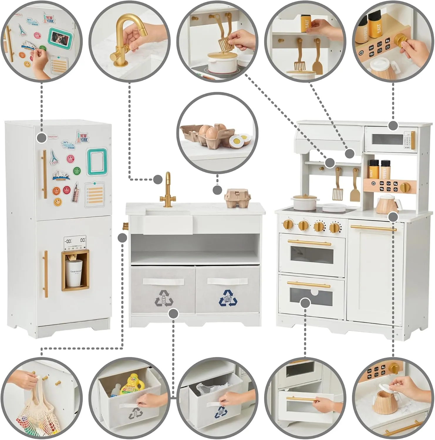 Play Kitchen with Interactive$ Realistic Features$ and 17 Kitchen Accessories$ eminence for 3yrs and up$ Blue/White/Gold Teamson Kids Little Chef Atlanta Large Modular Wooden 