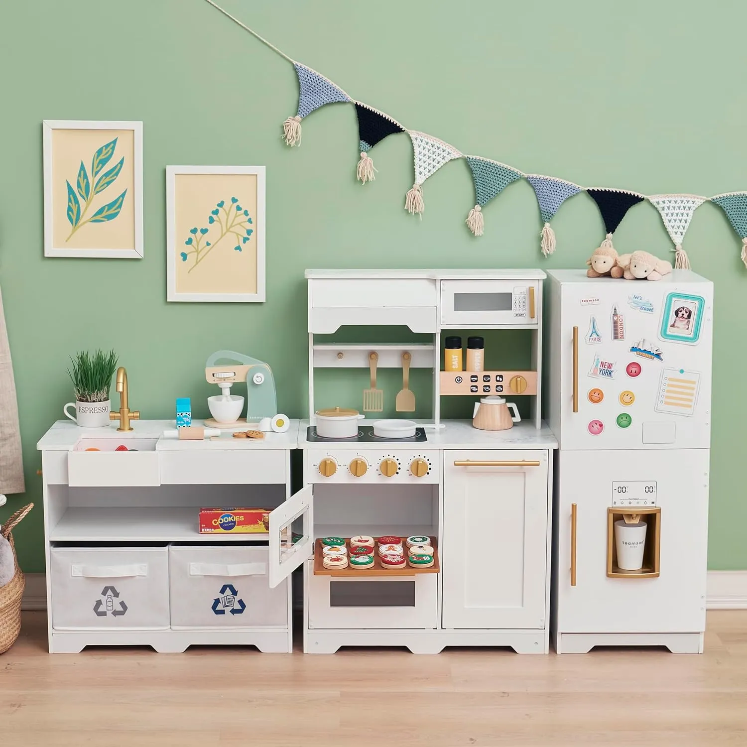Play Kitchen with Interactive$ Realistic Features$ and 17 Kitchen Accessories$ eminence for 3yrs and up$ Blue/White/Gold Teamson Kids Little Chef Atlanta Large Modular Wooden 