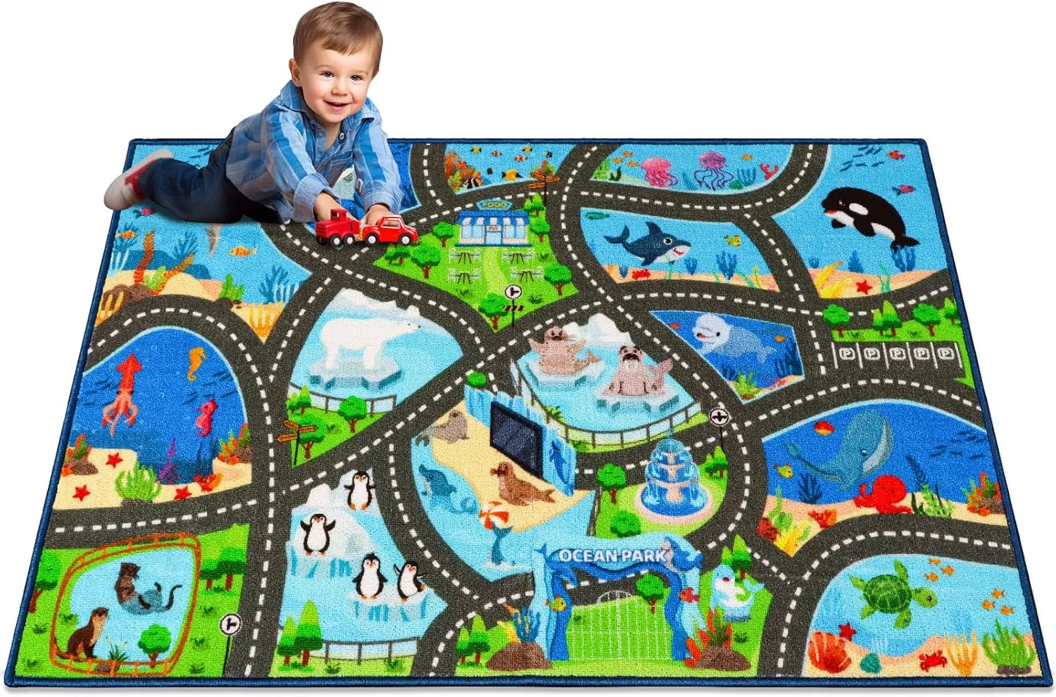 Play Mat Road Rug$Track Rug Car Play Carpet for Kids Kids Rug Playmat Rug$31.4"X47" Marine Animals hump Car Rugs for Kids Toy Cars$Non Slip Aquarium Road Map Kids Carpet for Playroom Bedroom Boys$Kids 