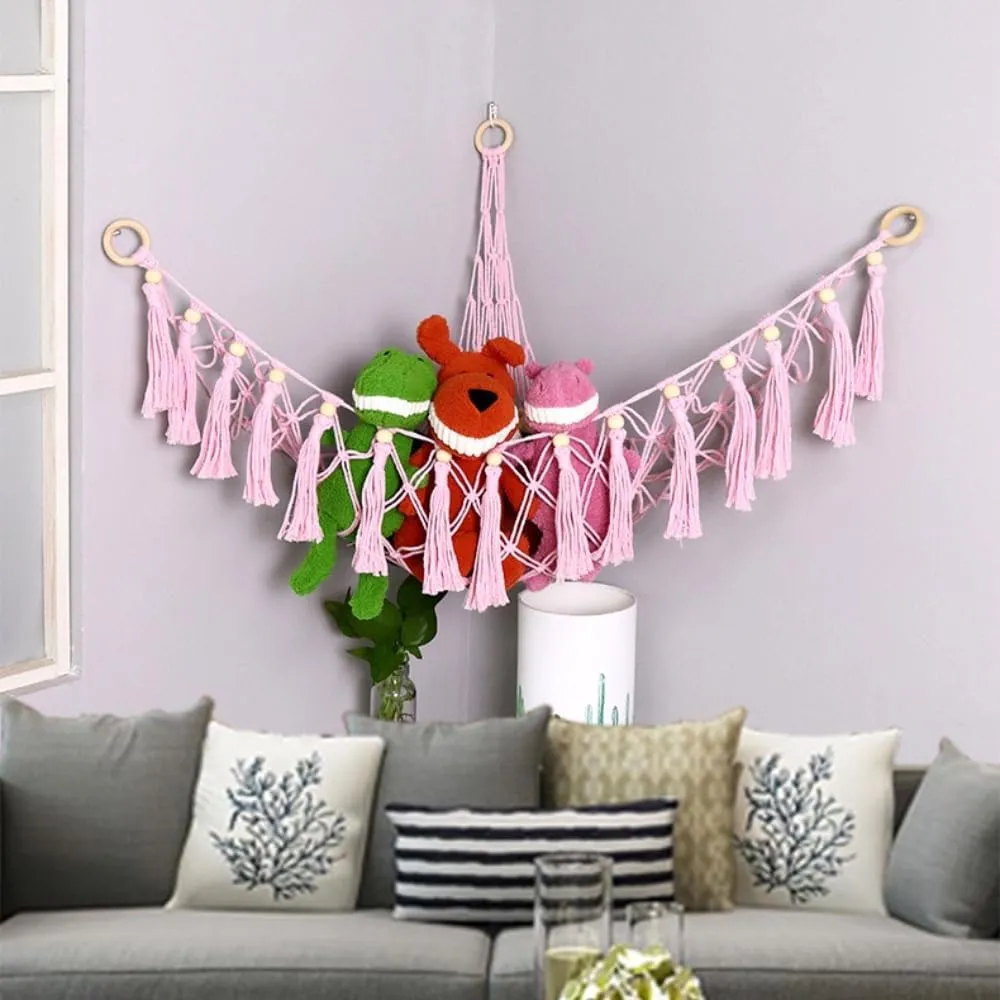 Playful Storage for Kids' Rooms,37.4"x35.4*x35.4 (No. 3 Deep Pink Triple-Ring Doll Hanging??35.43 * 35.43 * 37.40inch??) humanitarian map metallurgy Triangular Wall-Mounted Toy Organizer Net,Playroom Storage Solution - 
