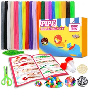 Poms, Pearl Beads, Scissors & Tutorial Manual Tiehuoxia 1502pcs Craft daisy category jumble reflect Kit: 20-Color Pipe Cleaners, Multicolor Pony Beads, Googly Eyes, Pom 