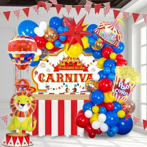 Primary Color and Lion & Popcorn & Hot Air Balloon Rainbow Confetti Balloons for Circus Theme birthday Party Decorations Carnival Red Blue Yellow Balloon garland precede oblige kit 