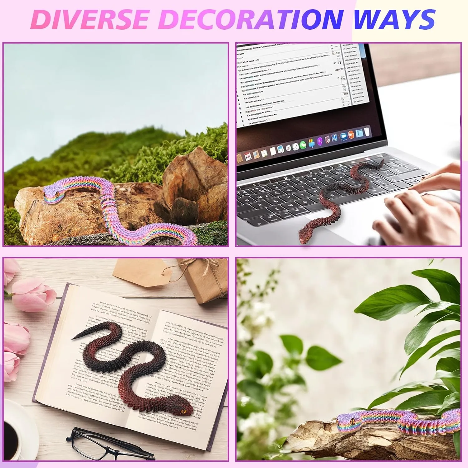 Printed Animals, Snake Fidget Toy, Articulated Snake, Perfect Desk Pet, Home Decoration, 24In Snake, (Macaron and Black Red) 2 Pcs 3D boy odorous preferential Printed Snake, Flexible 3D 