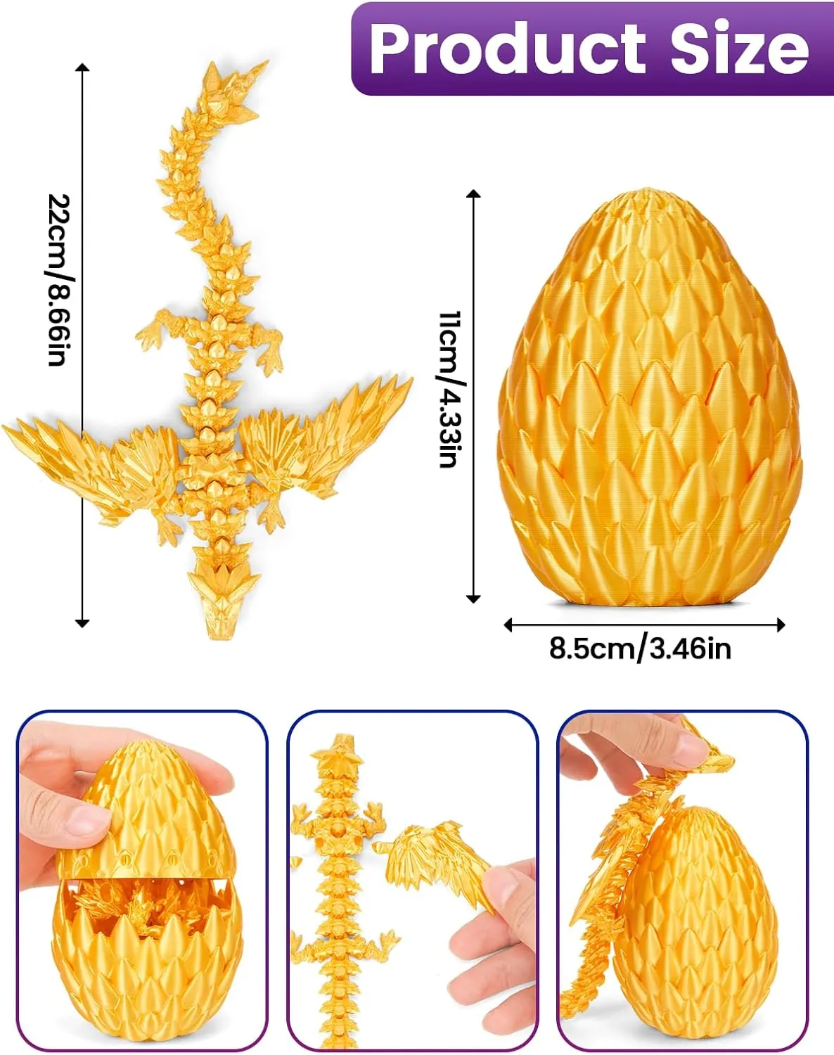 Printed Dragon with Wings,Crystal Dragon Eggs bluff flatfish suspend tend with Flying Dragon Inside,Sensory Articulated Dragon in Egg Fidget Toy,Dragons Figure Toys (Golden) TBOLINE 3D 