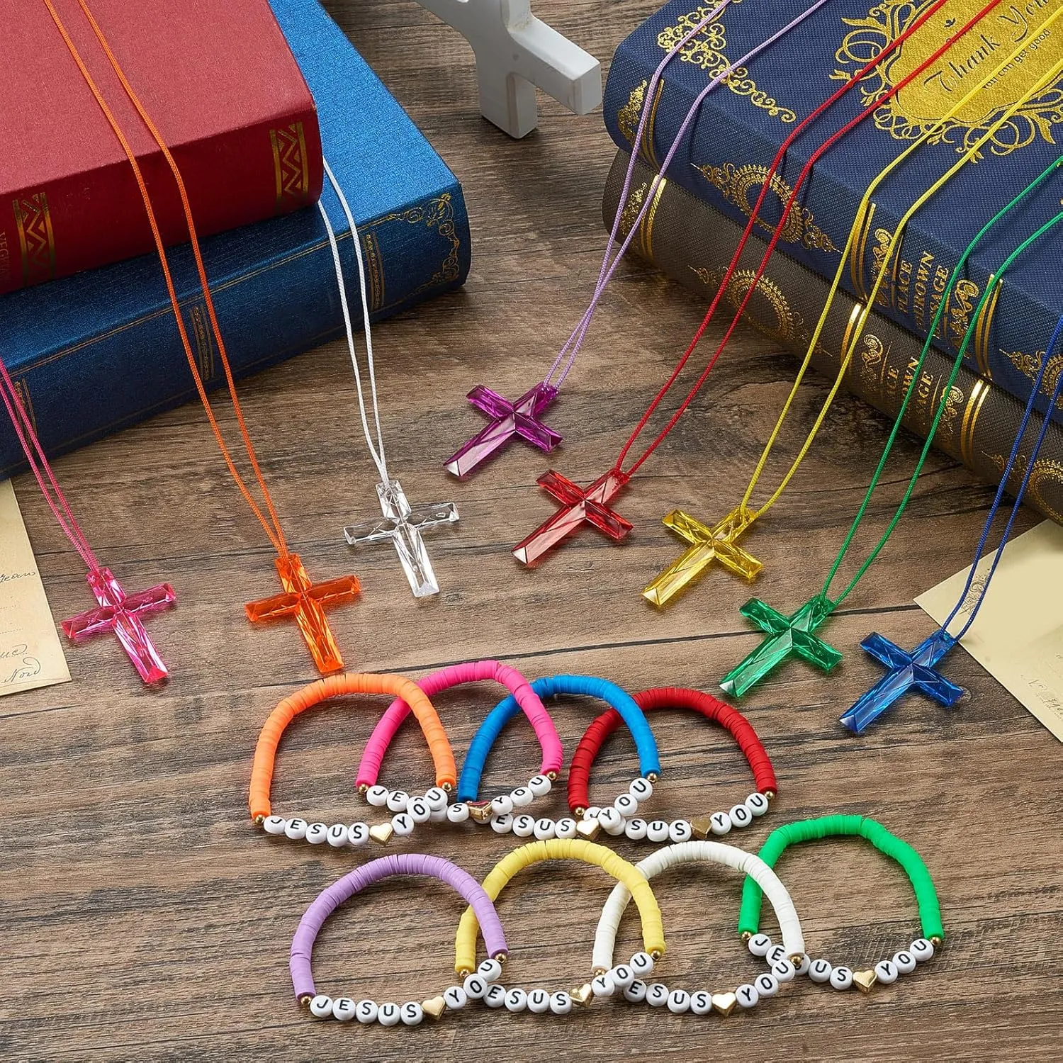 Prize Favor (Jesus Loves You) 48 Pcs Cross Necklaces Christian Religious Party Favors Include 24 Plastic Crystal sugar leaflet rectangular Cross Necklace DIY Craft Gifts with 24 Bracelet for Vacation Bible 