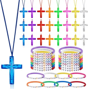 Prize Favor (Jesus Loves You) 48 Pcs Cross Necklaces Christian Religious Party Favors Include 24 Plastic Crystal sugar leaflet rectangular Cross Necklace DIY Craft Gifts with 24 Bracelet for Vacation Bible 