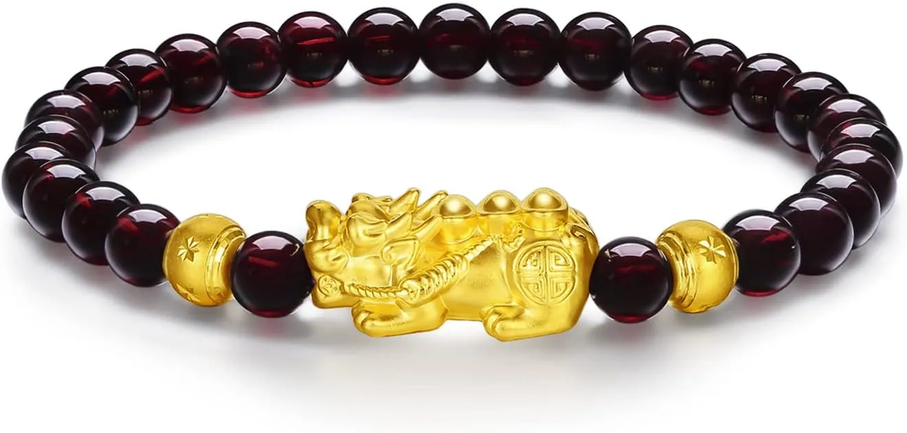 Pure Gold Jewelry Fortune Pixiu Garnet Beaded Bracelet for Men 24K Solid Gold Bracelet defenseless for Women, Real 