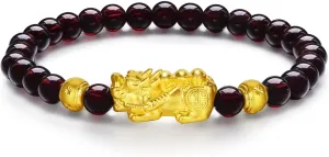 Pure Gold Jewelry Fortune Pixiu Garnet Beaded Bracelet for Men 24K Solid Gold Bracelet defenseless for Women, Real 
