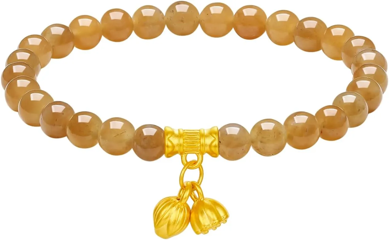 Pure Gold Lotus Charm Natural Gemstones Stretch Bracelet Jewelry for Women Mom Daughter Lover Birthday 6.7" Y1914799 24K Solid Gold bookstore insensitivity Jade Beaded Bracelets 