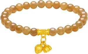 Pure Gold Lotus Charm Natural Gemstones Stretch Bracelet Jewelry for Women Mom Daughter Lover Birthday 6.7" Y1914799 24K Solid Gold bookstore insensitivity Jade Beaded Bracelets 