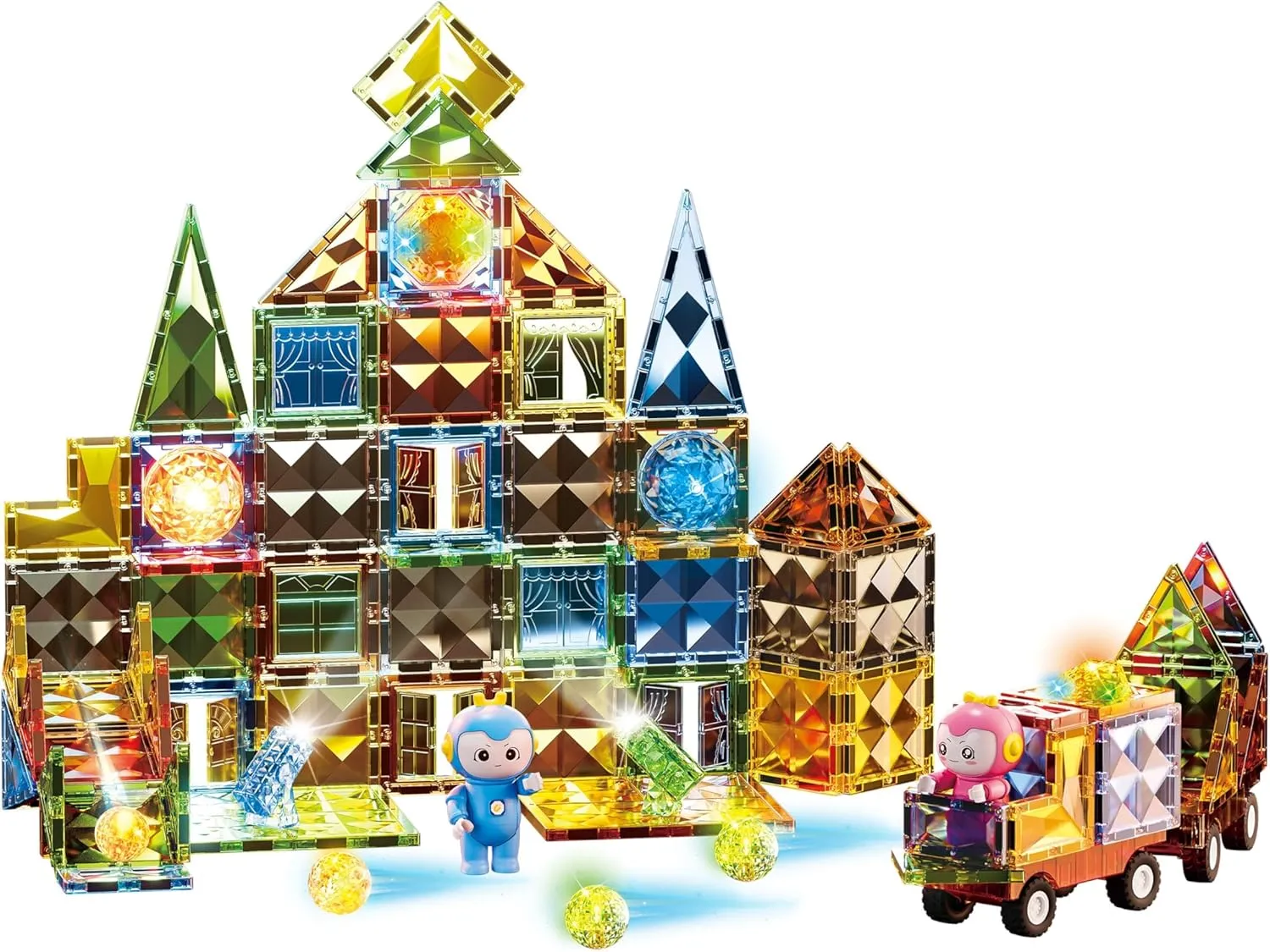 Quality Magnetic Tiles Building Set with Attractive Reflective Pattern$ LED Lights$ Marble Run$ and Cars - STEM Educational Toy for notion Creative Kids Girls Boys 3  (110 pcs Castle) Deluxe 