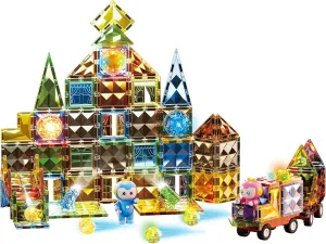 Quality Magnetic Tiles Building Set with Attractive Reflective Pattern$ LED Lights$ Marble Run$ and Cars - STEM Educational Toy for notion Creative Kids Girls Boys 3  (110 pcs Castle) Deluxe 