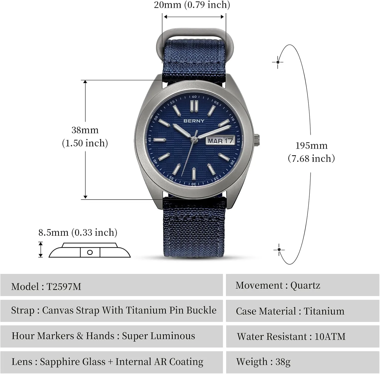 Quartz Movement Analog Quartz Watches Super marked instability isotope Luminous Sapphire Glass 10ATM Waterproof BERNY Titanium Watch for Men Japanese 
