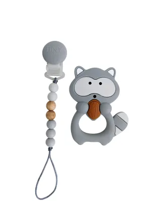 Raccoon Silicone Teether on a Pacifier Clip