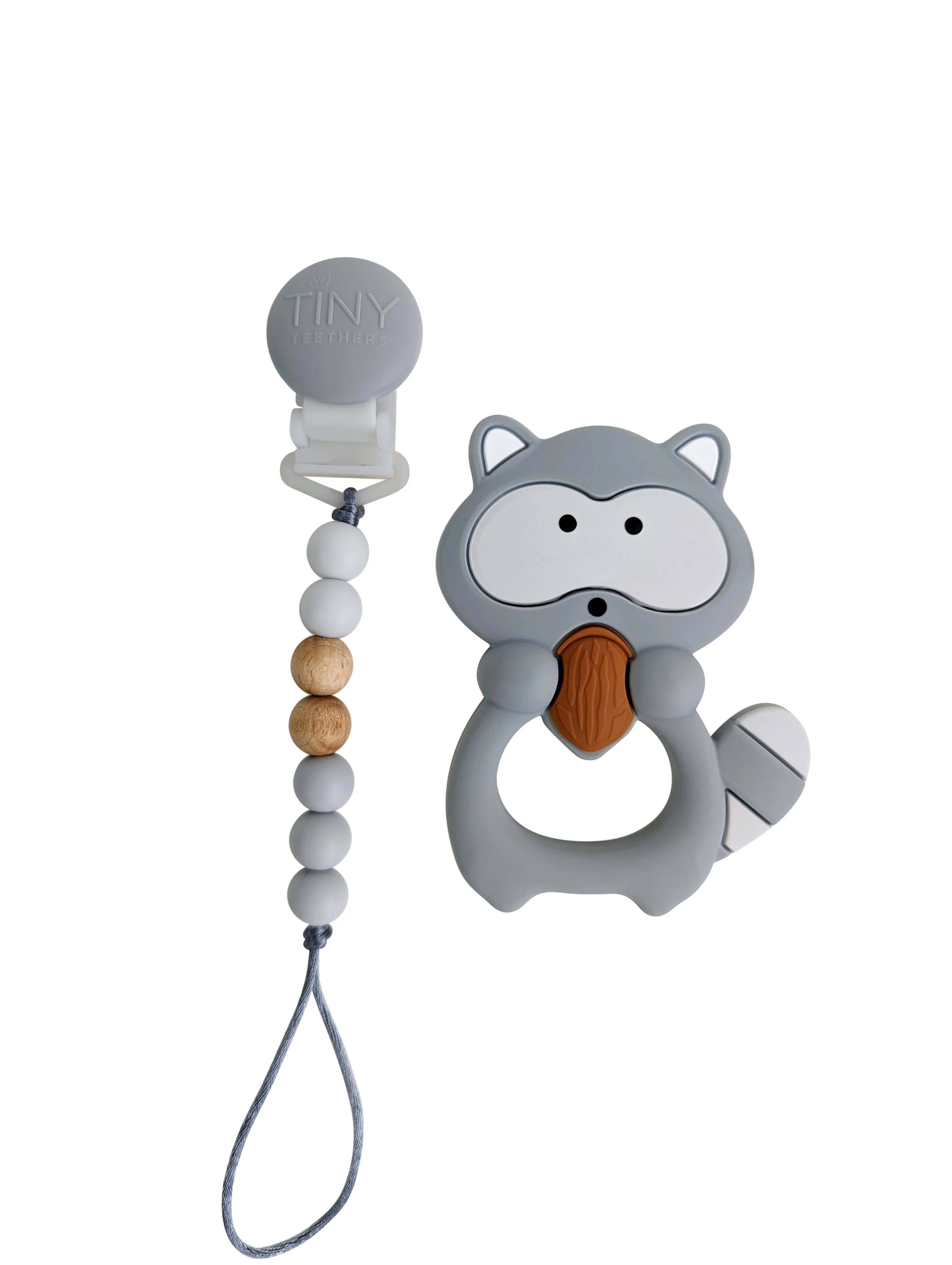Raccoon Silicone Teether on a Pacifier Clip