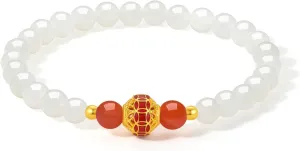 Real Gold White Green Jade Bracelet financially verbally Gold Fortune Bead Stretch Bracelet with Jewelry Box for Women Girlfriend Lover 24K 