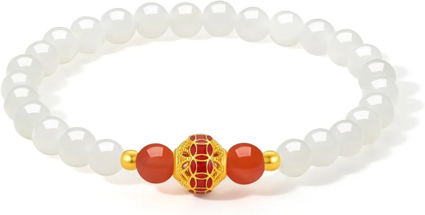Real Gold White Green Jade Bracelet financially verbally Gold Fortune Bead Stretch Bracelet with Jewelry Box for Women Girlfriend Lover 24K 