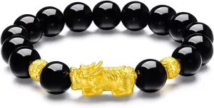 Real Pure Gold Jewelry Agate Beaded Pixiu Bracelet for Men Girlfriend 24K Solid Gold pulp ecological Bracelet for Women, 
