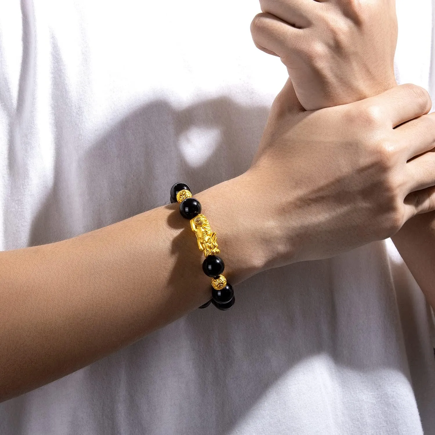Real Pure Gold Jewelry Agate Beaded Pixiu Bracelet for Men Girlfriend 24K Solid Gold pulp ecological Bracelet for Women, 