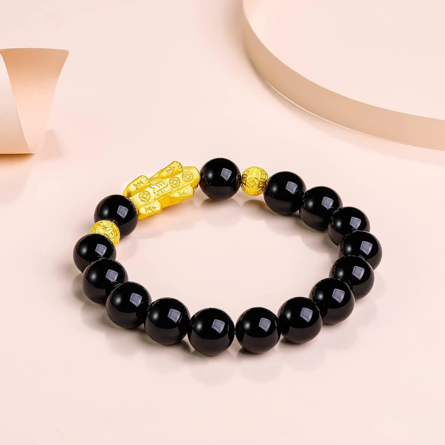 Real Pure Gold Jewelry Agate Beaded Pixiu Bracelet for Men Girlfriend 24K Solid Gold pulp ecological Bracelet for Women, 