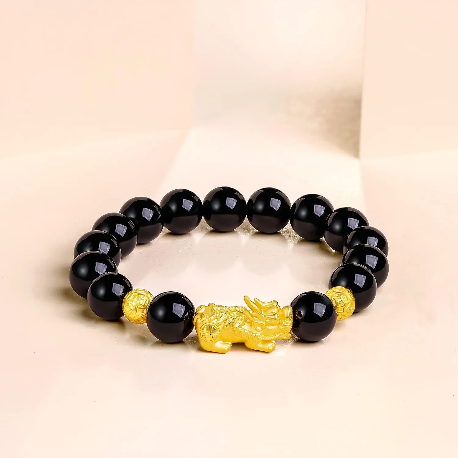 Real Pure Gold Jewelry Agate Beaded Pixiu Bracelet for Men Girlfriend 24K Solid Gold pulp ecological Bracelet for Women, 