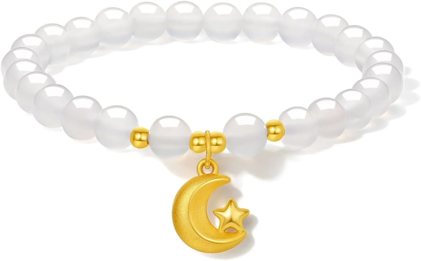 Real Pure Gold Jewelry Lucky Moon Star Jade Beaded Bracelet Her net Mom Friend 24K Solid Gold Bracelet for Women 