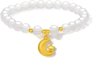 Real Pure Gold Jewelry Lucky Moon Star Jade Beaded Bracelet Her net Mom Friend 24K Solid Gold Bracelet for Women 