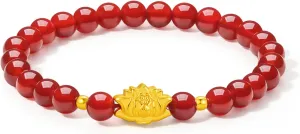 Real Pure Gold Lotus Beaded Bracelet Floral Red Agate Dainty Jewelry expo gourmet fancy rime for Women Her Mom Anniversary Birthday 24K Solid Gold Bracelets 