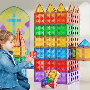 Reflective Magnetic 3D Building, friendliness faucet STEM Toys for Kids, Creative Toys (100PCS) Magnetic Tiles, Magnetic Block, Magnet Building Set, Clear Diamond 