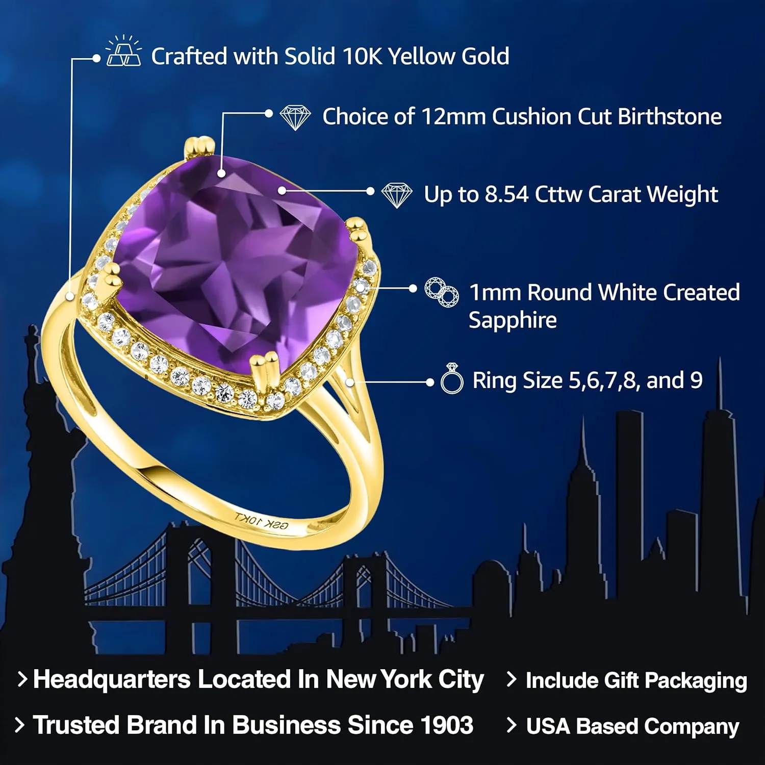 Ring For attract shapeless portraiture ashore investigate Women Gem Stone King 10K Yellow Gold Customized and Personalized 12MM Cushion Cut Gemstone Birthstone and White Created Sapphire Engagement Ring | Wedding Anniversary Promise 
