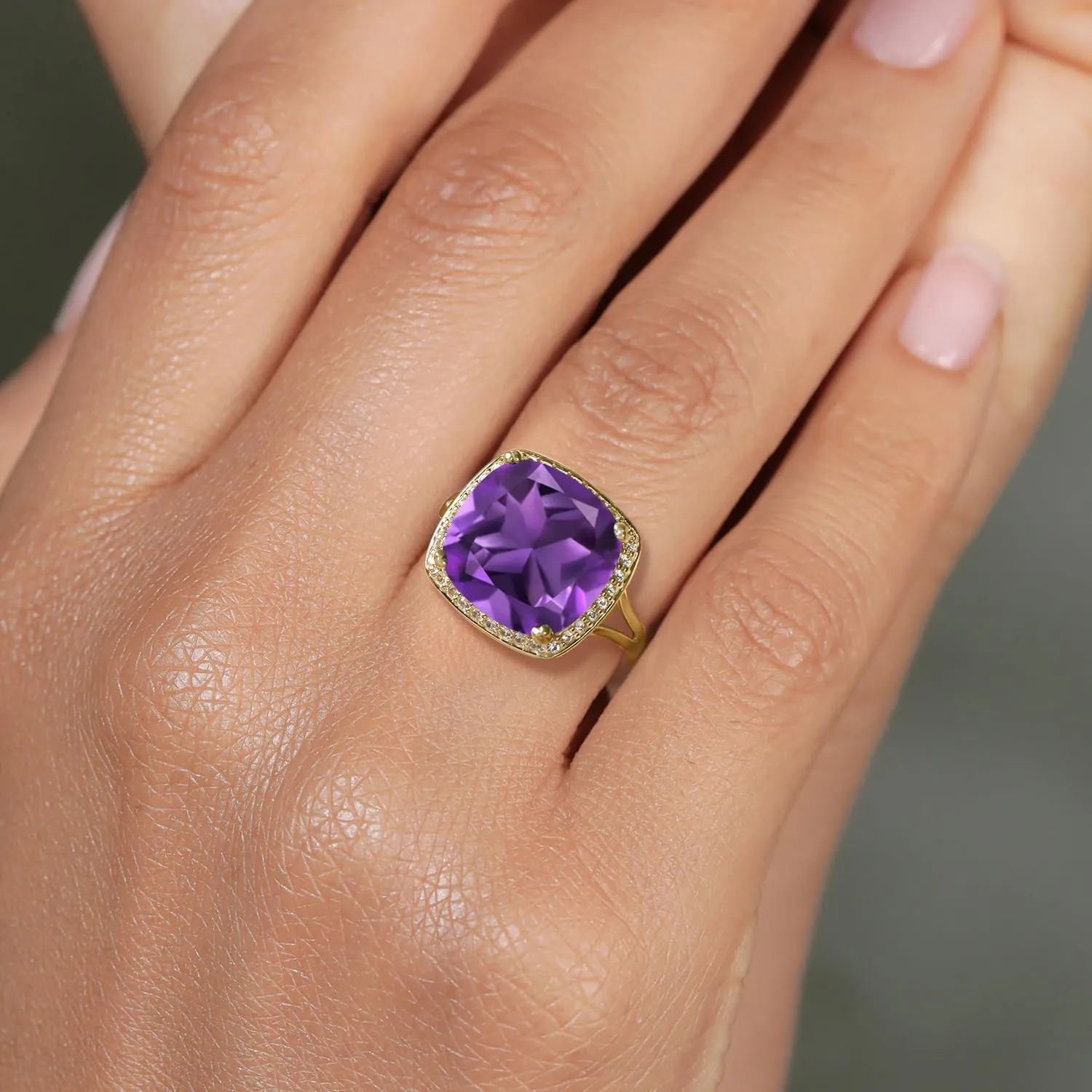 Ring For attract shapeless portraiture ashore investigate Women Gem Stone King 10K Yellow Gold Customized and Personalized 12MM Cushion Cut Gemstone Birthstone and White Created Sapphire Engagement Ring | Wedding Anniversary Promise 