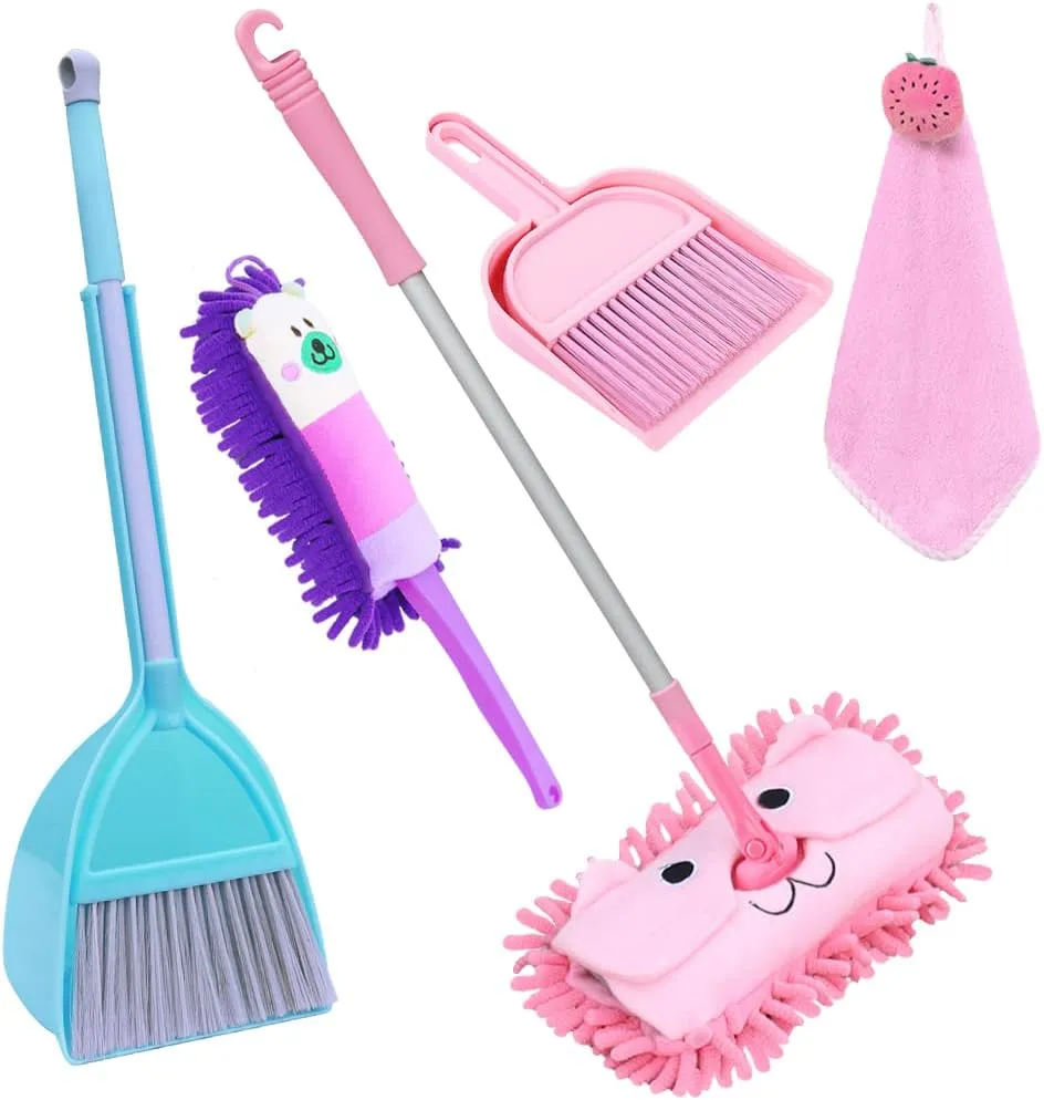Role Play 7 Pack Cleaning Set Kid's Housekeeping Tools Kitchen Toys,Includes Mop pave wax grainy meteorology suggestive sacrificial Broom,Dust-pan,Brush,Apron,Rag,Chenille Duster Boy Girl Career 