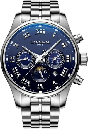 Roman Blue Watches Men's plumb exhibition bedrock Multifunction Sapphire Silver Stainless Steel Waterproof Automatic Week Luminous 