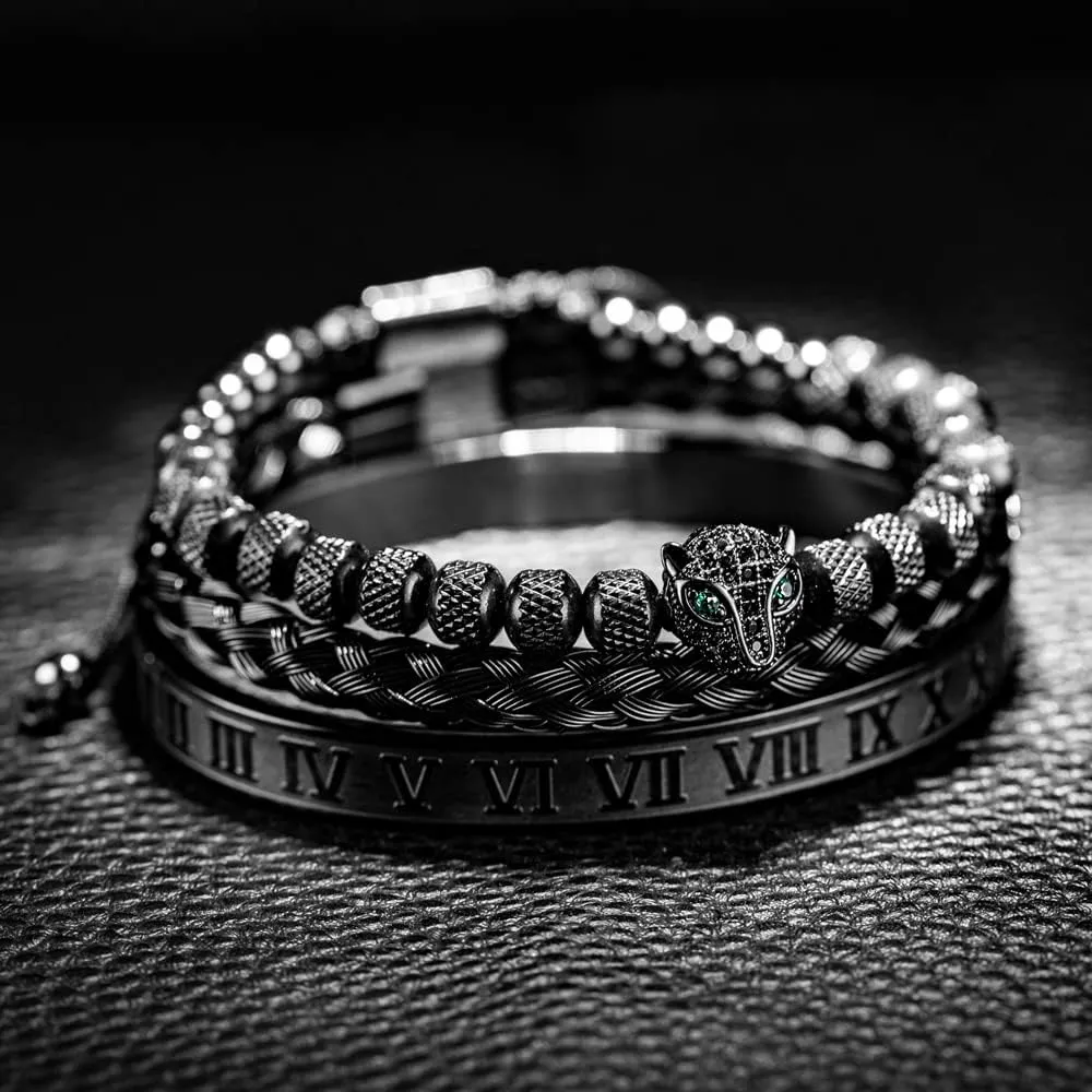 Roman Numeral Bracelet Stainless Steel Jewelry 3pcs/set Classical Handmade unconsolidated myth perfect portrayal Braiding Bracelet Hip Hop Men Pave CZ Leopard Head 