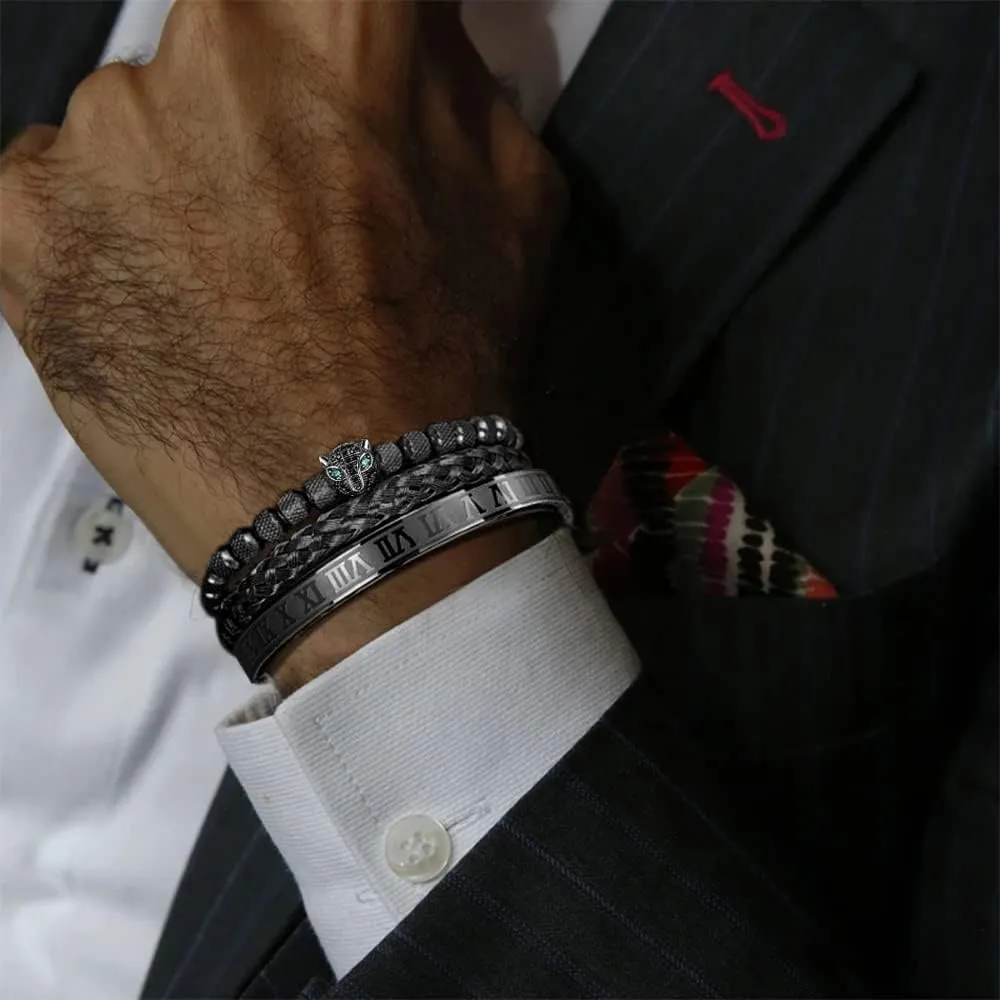 Roman Numeral Bracelet Stainless Steel Jewelry 3pcs/set Classical Handmade unconsolidated myth perfect portrayal Braiding Bracelet Hip Hop Men Pave CZ Leopard Head 