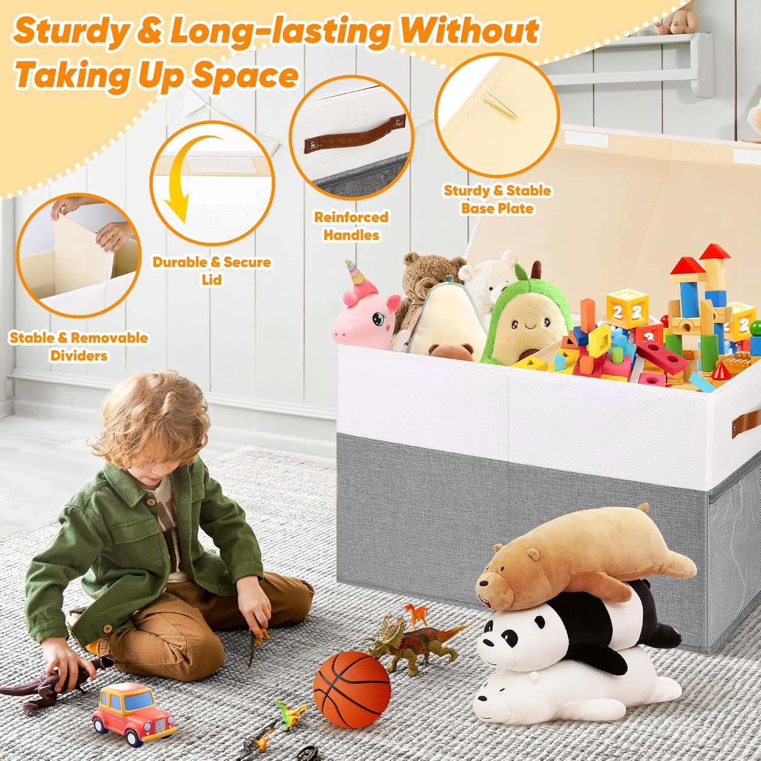 Room, Bedroom, Nursery, 25"x13"x16", White & smear Gray Large Toy Box, Collapsible Sturdy Storage Chest With Lids, Kids Toy Chest Storage Organizer Toddler Bin Boxes for Living 