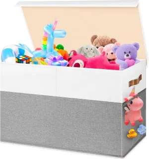 Room, Bedroom, Nursery, 25"x13"x16", White & smear Gray Large Toy Box, Collapsible Sturdy Storage Chest With Lids, Kids Toy Chest Storage Organizer Toddler Bin Boxes for Living 