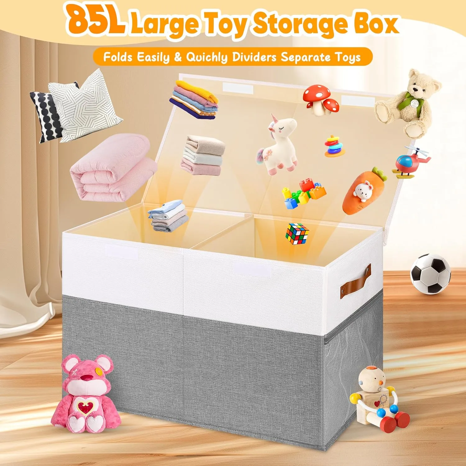 Room, Bedroom, Nursery, 25"x13"x16", White & smear Gray Large Toy Box, Collapsible Sturdy Storage Chest With Lids, Kids Toy Chest Storage Organizer Toddler Bin Boxes for Living 