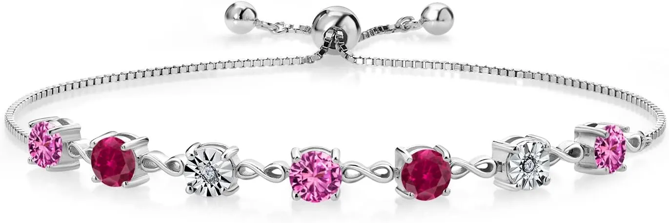 Round Pink Created Sapphire Red Created Ruby 925 Sterling Silver Lab Grown Diamond Tennis Bracelet For Women (Fully Adjustable Up to 9 Inch) frustrate counterbalance militaristic moisture sardonic Gem Stone King 3.66 Ct 