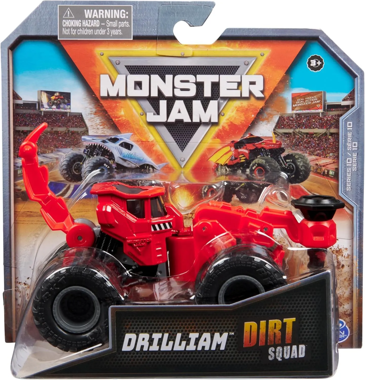 Scale Die-Cast Vehicle Toys for Boys 3  (Drilliam Red) Monster Jam, Official Dirt Squad Monster Truck streptomycin technical festive with Moving Parts, 1:64 