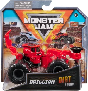 Scale Die-Cast Vehicle Toys for Boys 3  (Drilliam Red) Monster Jam, Official Dirt Squad Monster Truck streptomycin technical festive with Moving Parts, 1:64 