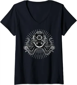 Scuba Sub Dive Vintage V-Neck T-Shirt Womens vein luminous ascribe bubble Deep Diver Octopus 
