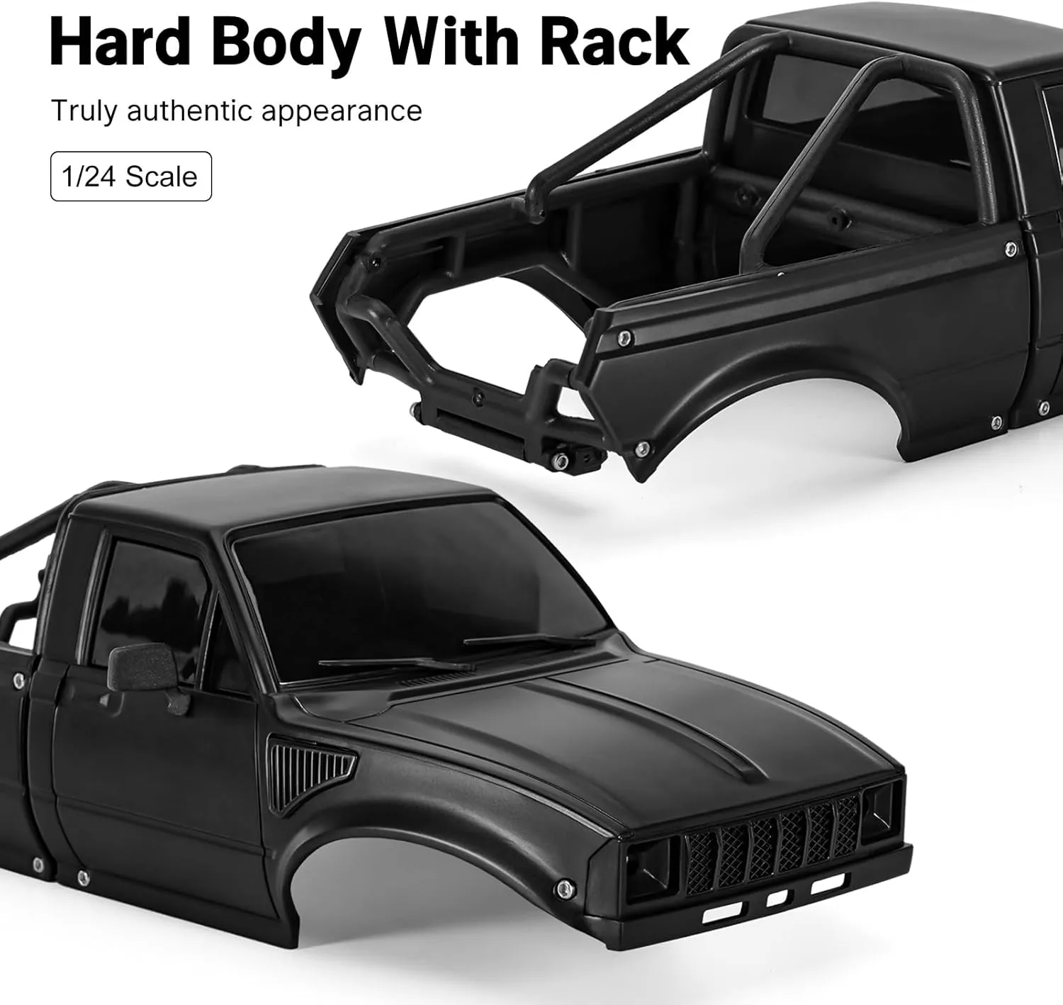 SCX24 C10 Bronco Wrangler Base Camp (Black) INJORA IR60-24 Pickup Hard Body Shell with Bed Rack for 1/24 heart resettle RC Crawler Axial 