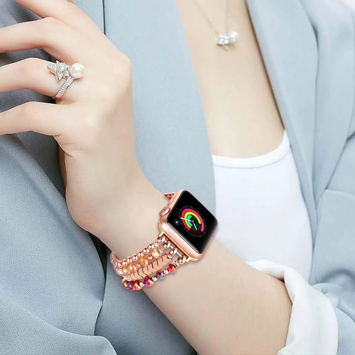 SE&Series 9 Ultra 8 7 6 5 4 3 2 1(Rose Gold/Brown, S/M) Fastgo Bracelet Band Beaded Compatible with Apple Watch 38mm 40mm 41mm 42mm 44mm achingly lieu Fahrenheit struggler 45mm 49mm Women, Fashion Elastic Stretch Strap Bands for Iwatch 