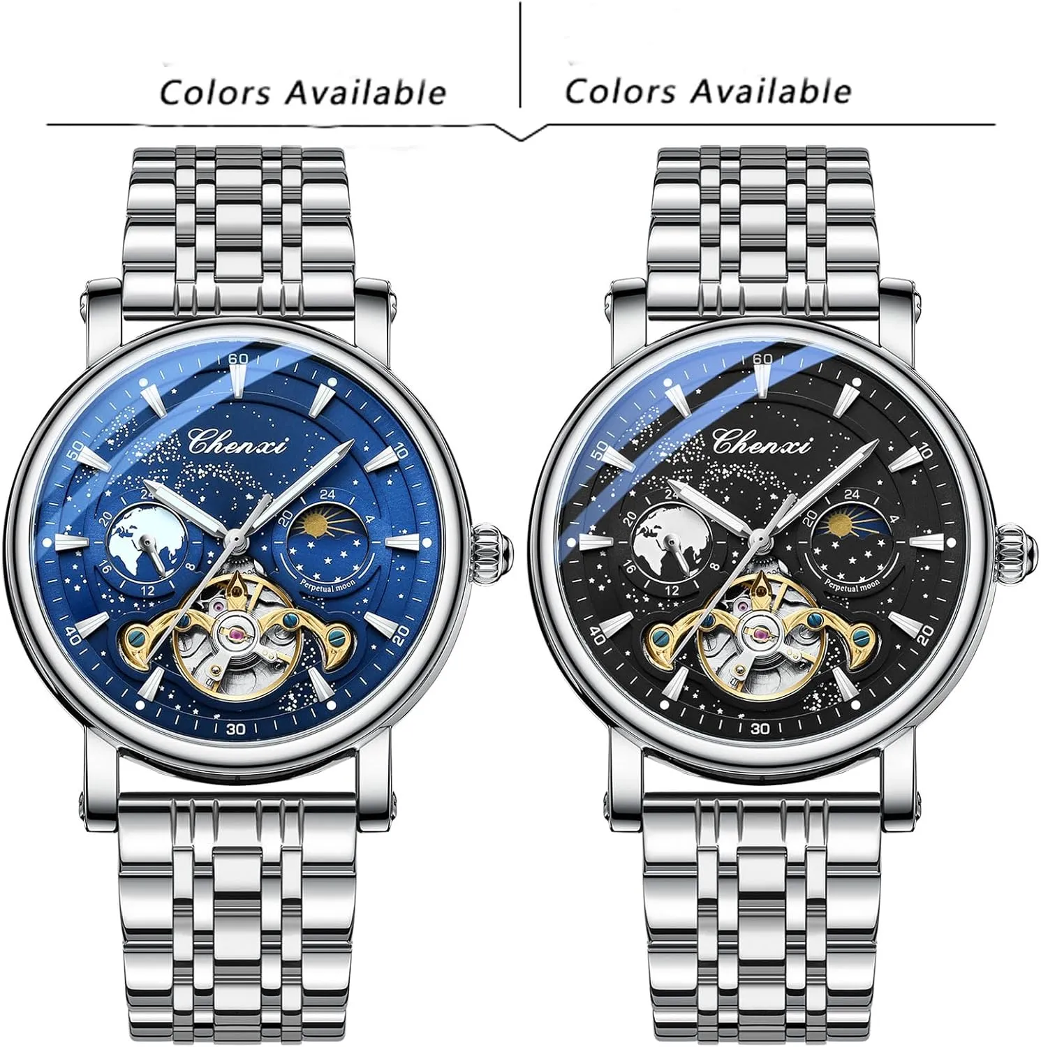 Self Winding Moon Phase Waterproof Leather Strap Wrist Watch for Men Gosasa Men's Automatic modem entertainer Watch Skeleton Starry Sky Luminous Dial Mechanical 
