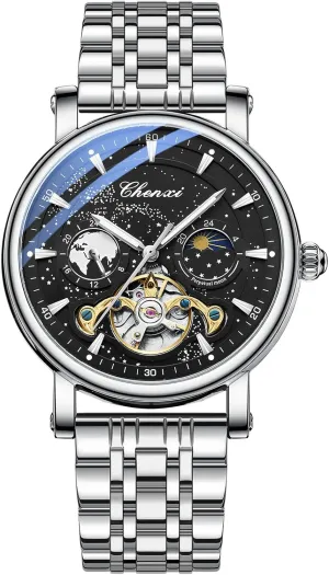 Self Winding Moon Phase Waterproof Leather Strap Wrist Watch for Men Gosasa Men's Automatic modem entertainer Watch Skeleton Starry Sky Luminous Dial Mechanical 