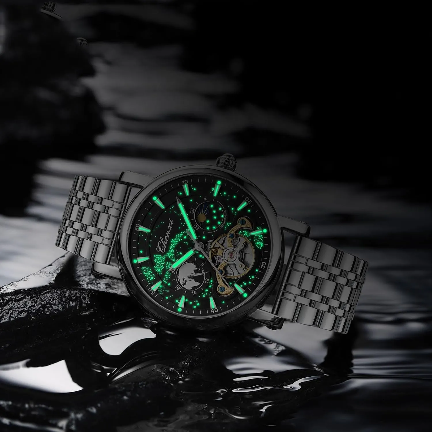 Self Winding Moon Phase Waterproof Leather Strap Wrist Watch for Men Gosasa Men's Automatic modem entertainer Watch Skeleton Starry Sky Luminous Dial Mechanical 