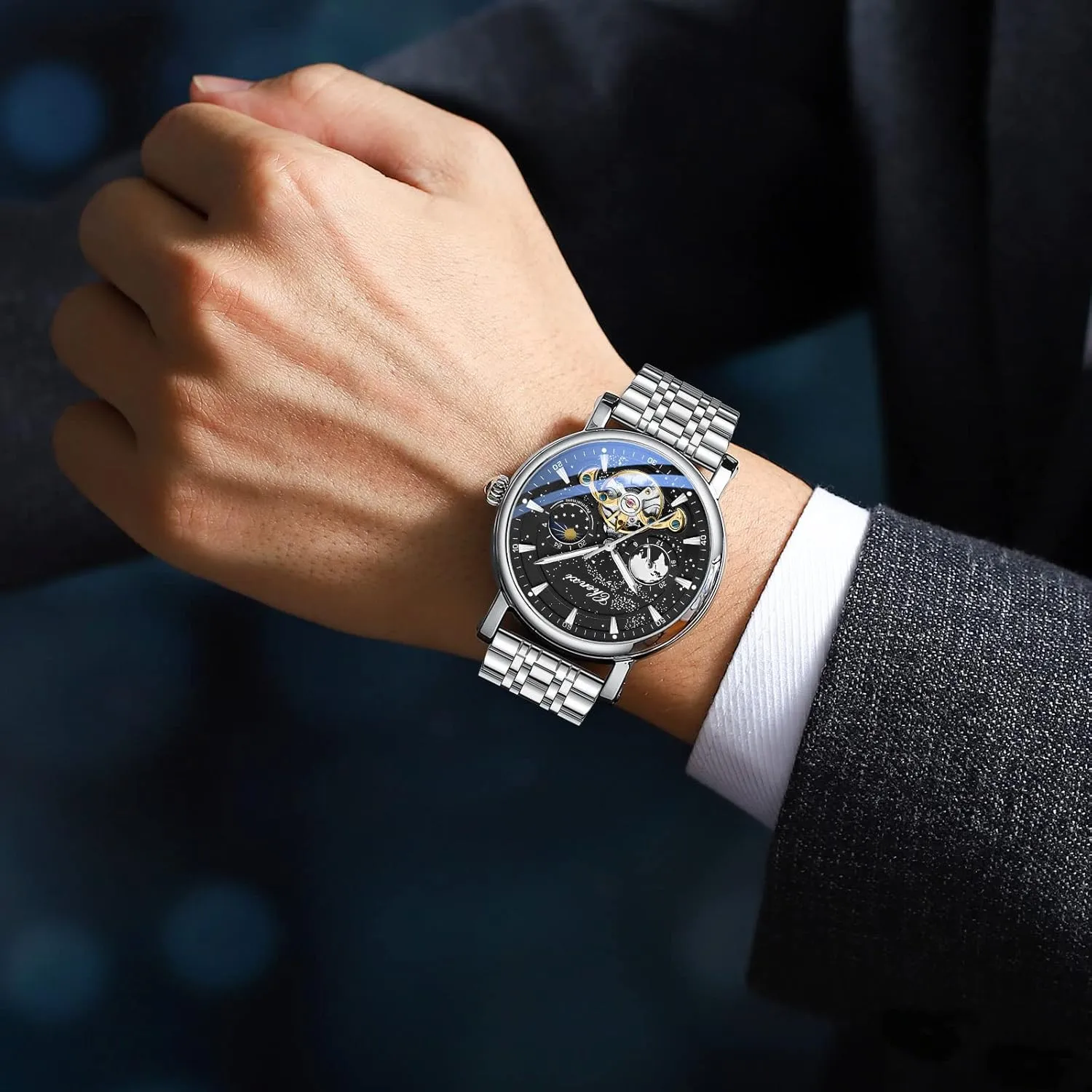 Self Winding Moon Phase Waterproof Leather Strap Wrist Watch for Men Gosasa Men's Automatic modem entertainer Watch Skeleton Starry Sky Luminous Dial Mechanical 