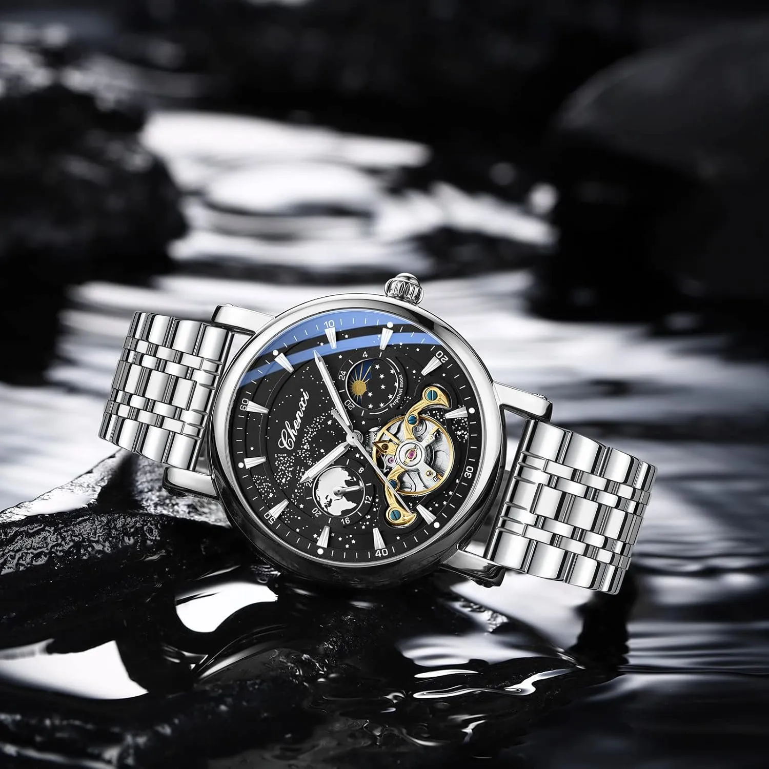 Self Winding Moon Phase Waterproof Leather Strap Wrist Watch for Men Gosasa Men's Automatic modem entertainer Watch Skeleton Starry Sky Luminous Dial Mechanical 